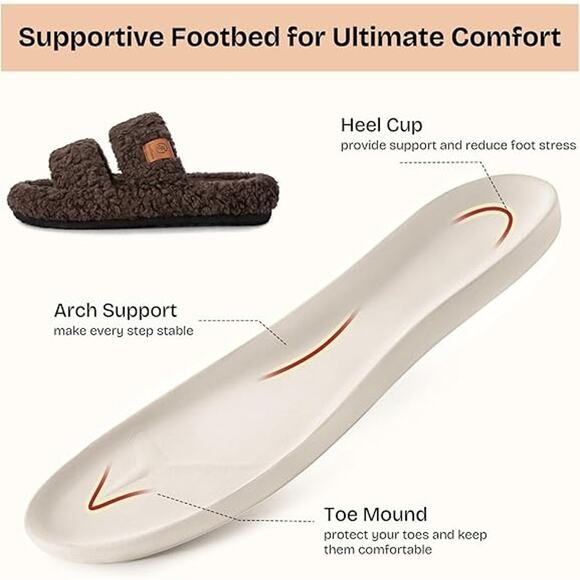 New EverFoams Women Size 9-10 Brown Fuzzy Open Toe Slide On Memory Foam Slippers - Picture 3 of 5